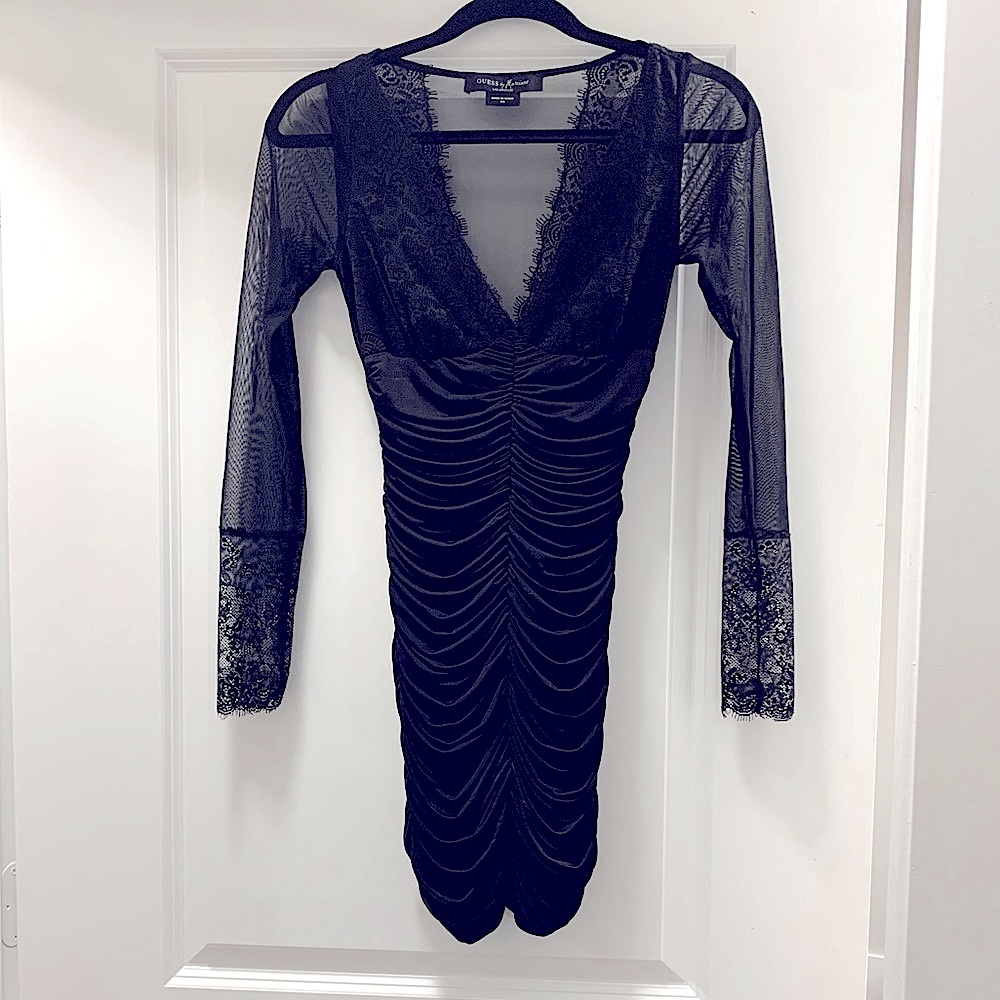 Guess Marciano eyelash lace ruched long sleeve dress sheer panel backless